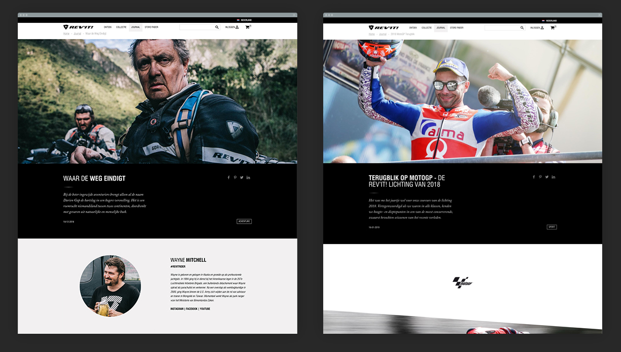 Content creatie. Articles on adventure and MotoGP on the REV'IT Sport website.